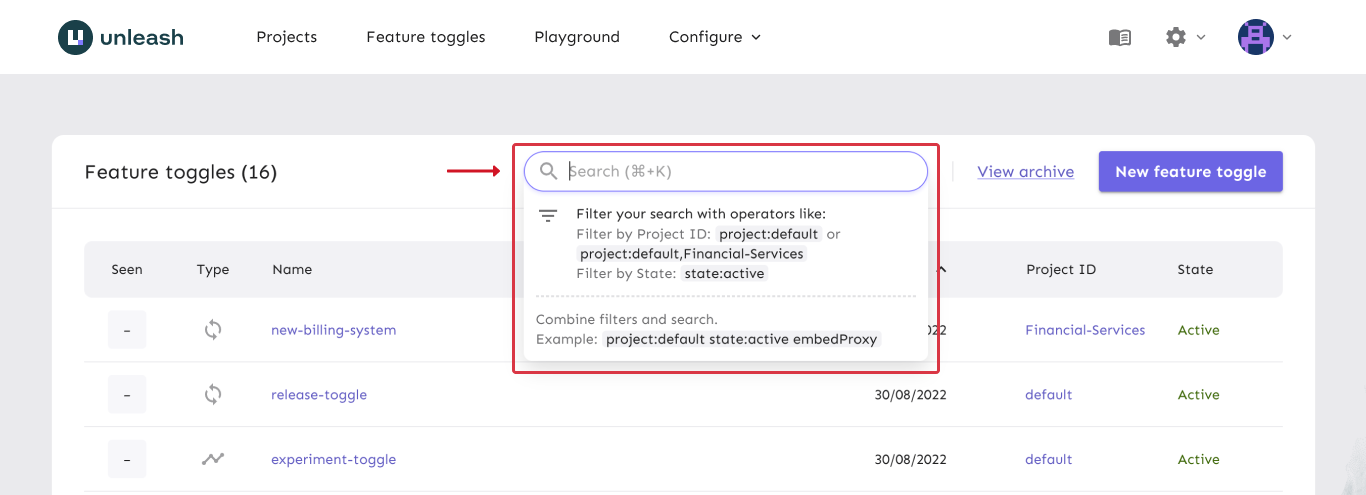 The feature toggle list with toggles scoped to the &quot;fintech&quot; project. The filter is activated by using a form control.